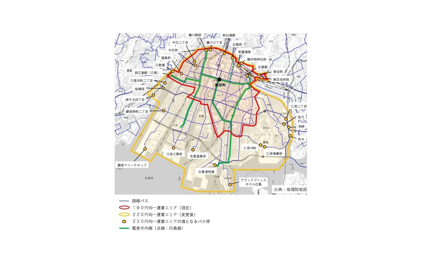 220円の均一共通運賃エリア（黄色の枠）。