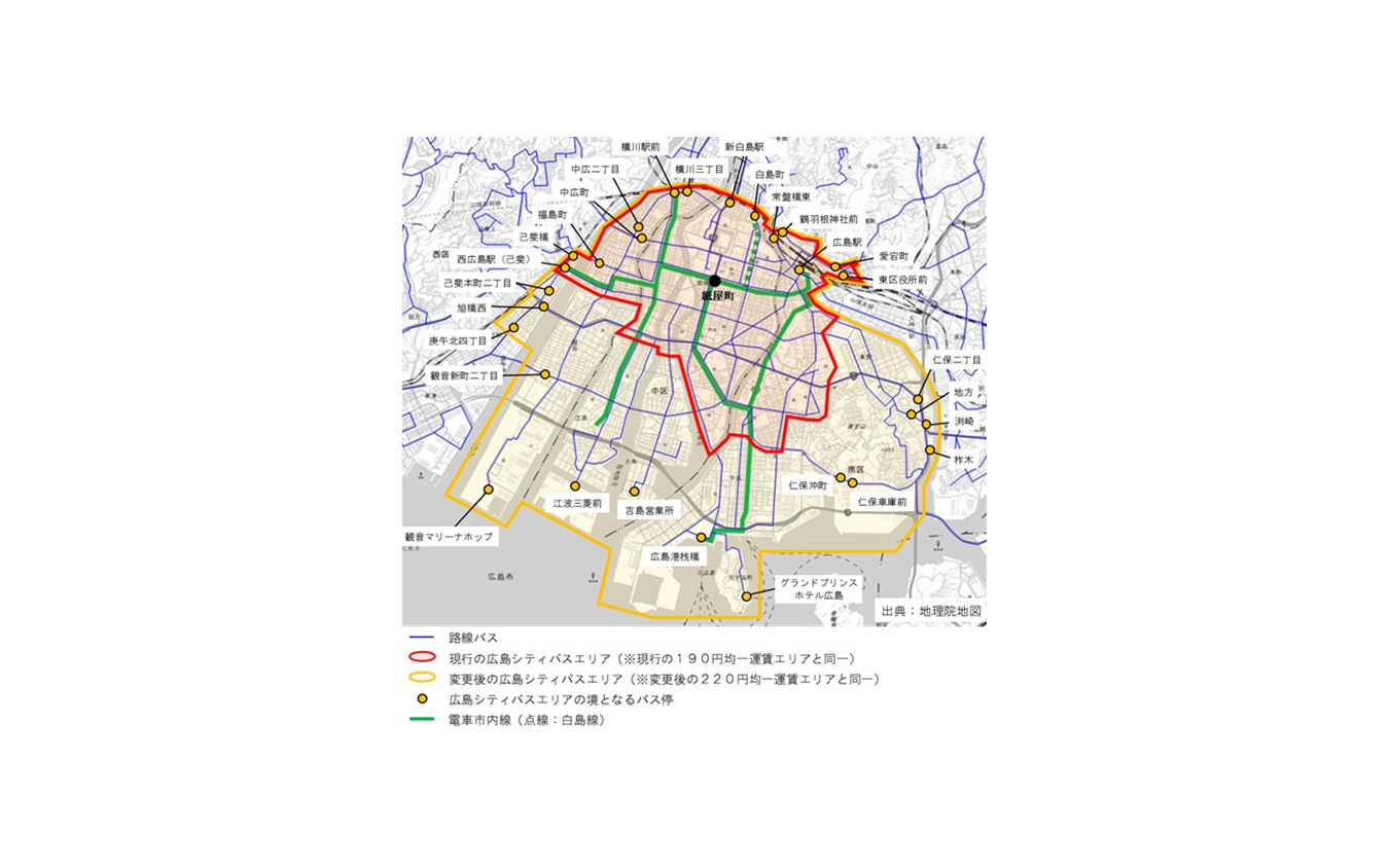 「広島シティパス」の利用拡大エリア（黄色の枠）。