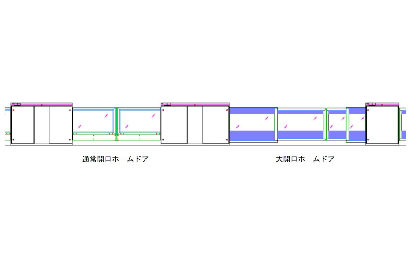 本厚木駅に設置されるホームドアは、ロマンスカーに対応した大開口タイプ（右）となる。