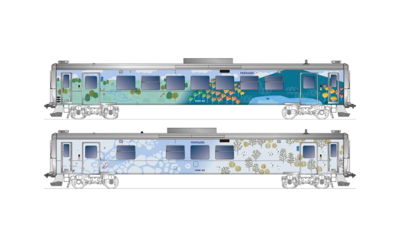 H100-82に施される釧網本線ラッピング。釧路湿原やタンチョウ、摩周湖、流氷をイメージ。