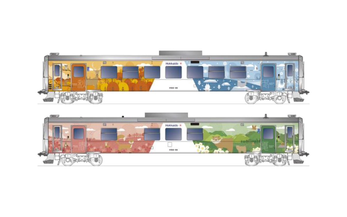 H100-80に施される石北本線のラッピング。植物や動物をモチーフに上川やオホーツク地域の四季の移り変わりをイメージ。