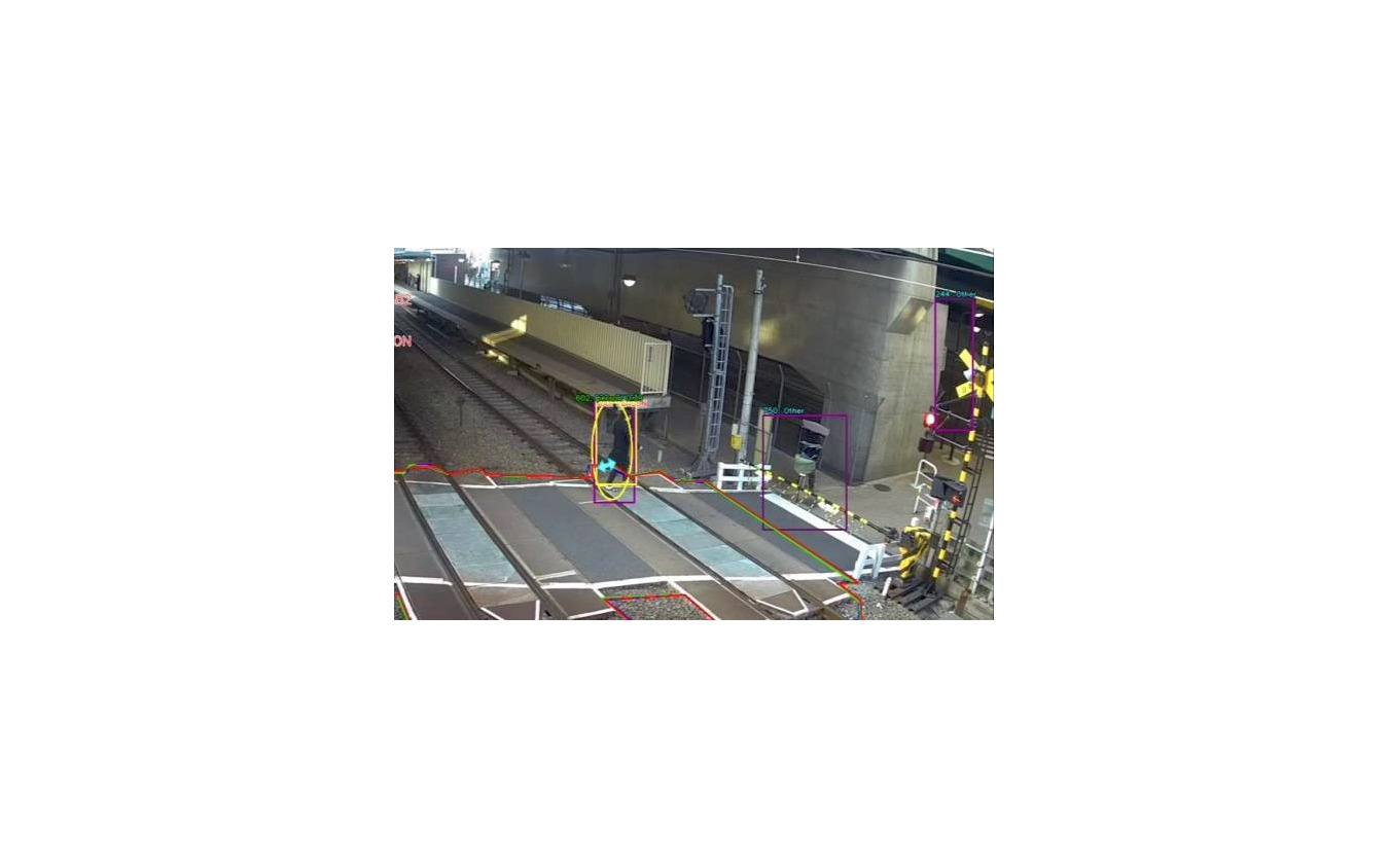 「踏切滞留AI監視システム」の検知イメージ。