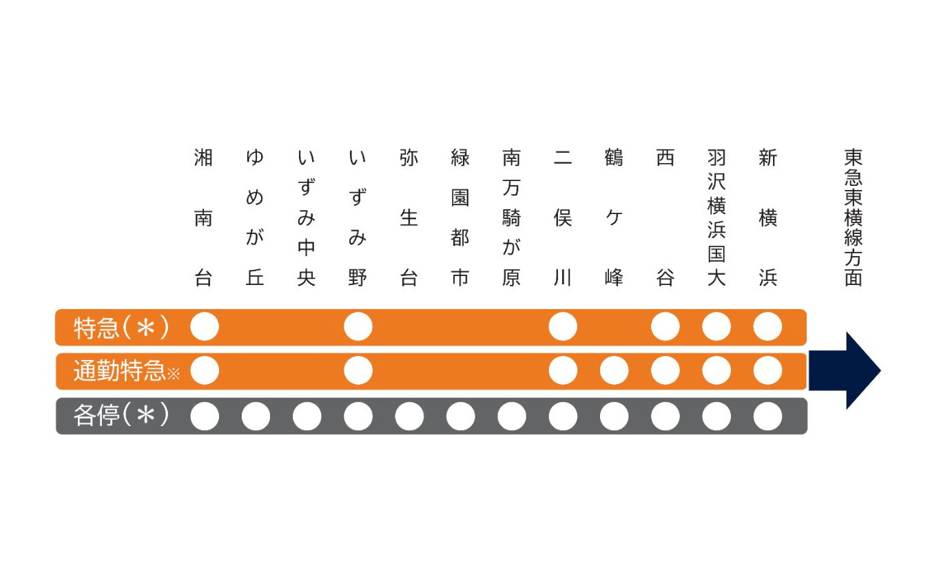 相鉄いずみ野線からは特急、通勤特急、各駅停車が朝通勤時間帯の一部を除いて東急東横線へ乗り入れる(東急線内は急行)。