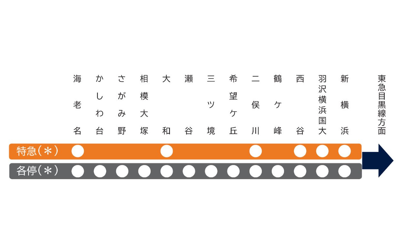 相鉄本線からは特急と各駅停車が朝通勤時間帯の一部を除いて東急目黒線へ乗り入れる（東急線内は急行）。