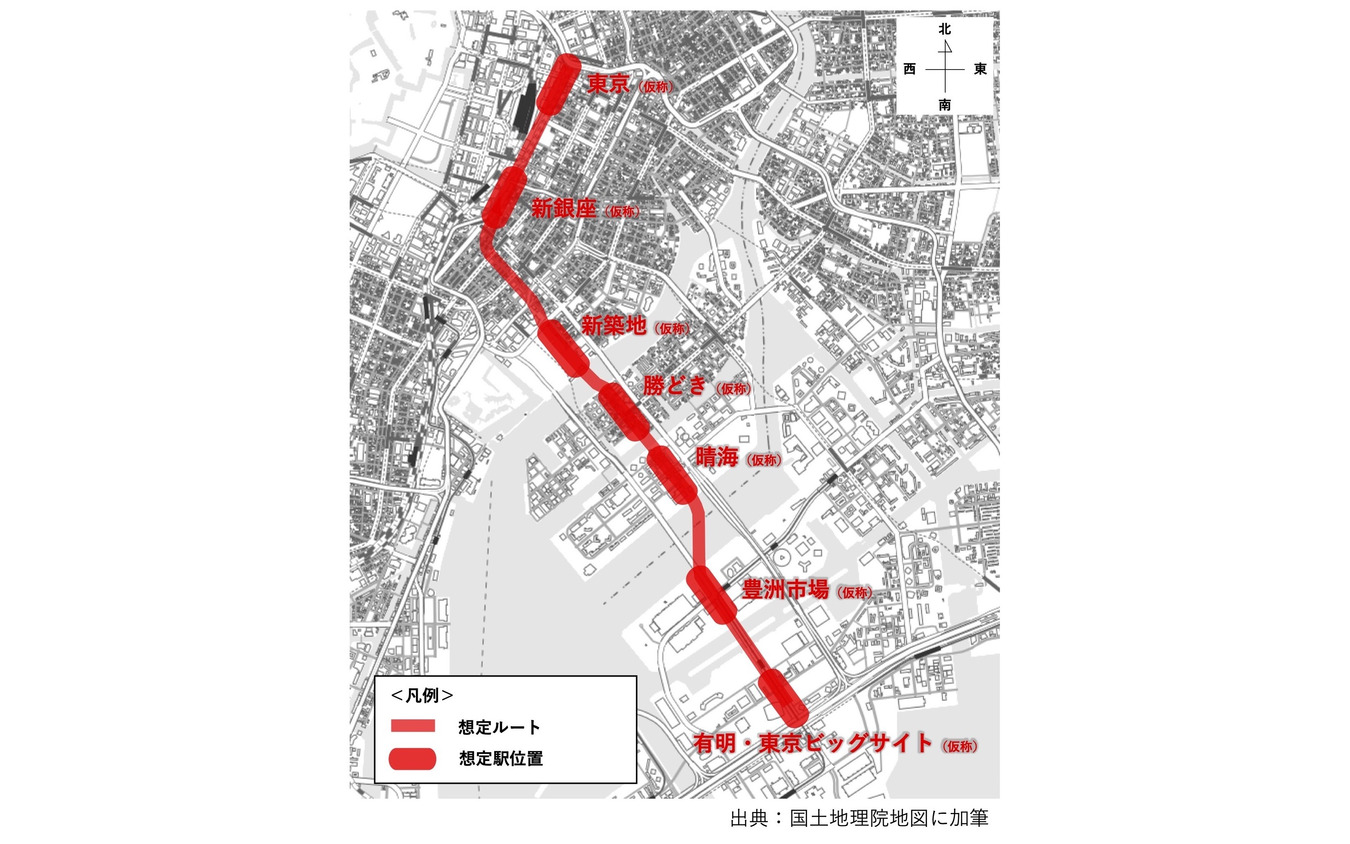 「都心部・臨海地域地下鉄」のルート案。臨海部の背骨にあたる路線とされている。