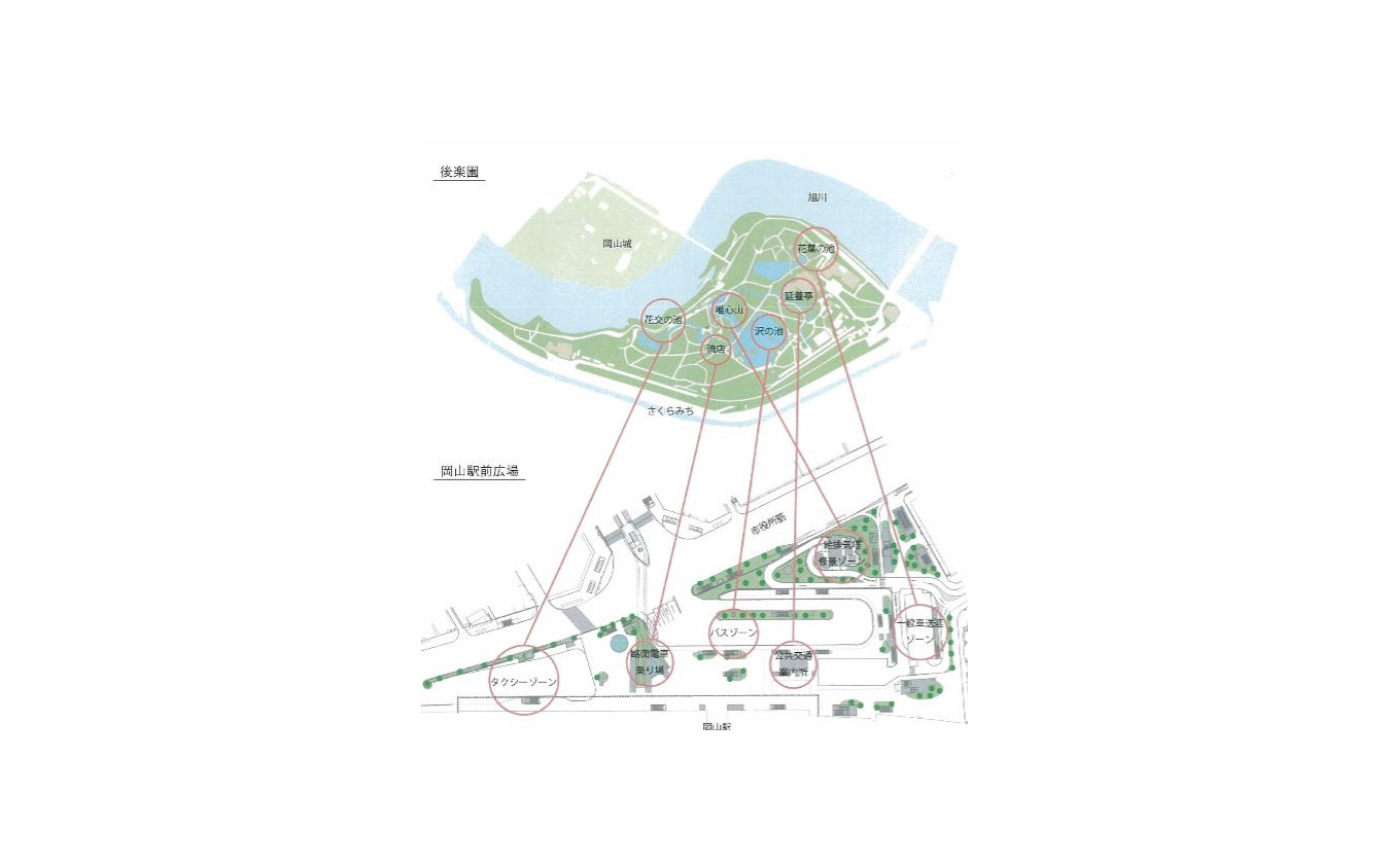 岡山後楽園をイメージした岡山駅前広場の選定デザイン。