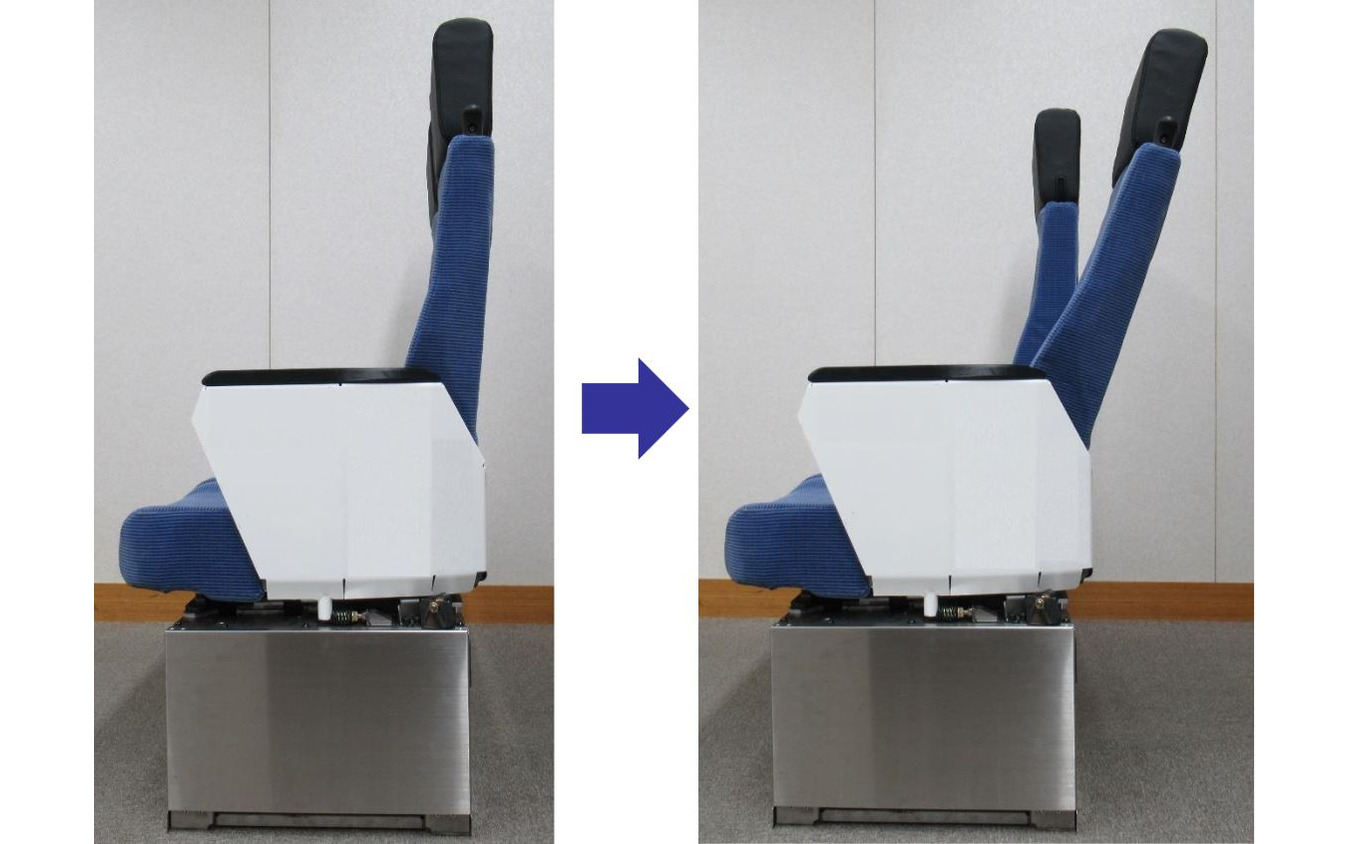 サイドから見た開発段階の5000系増備車のリクライニングシート。傾斜角度はJR東日本の普通列車グリーン車と同等か?