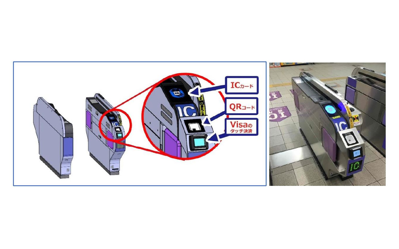 Visaタッチ決済用リーダーとQRコードリーダーが追加された泉北高速鉄道のIC専用改札機。各駅に1台が設置される。