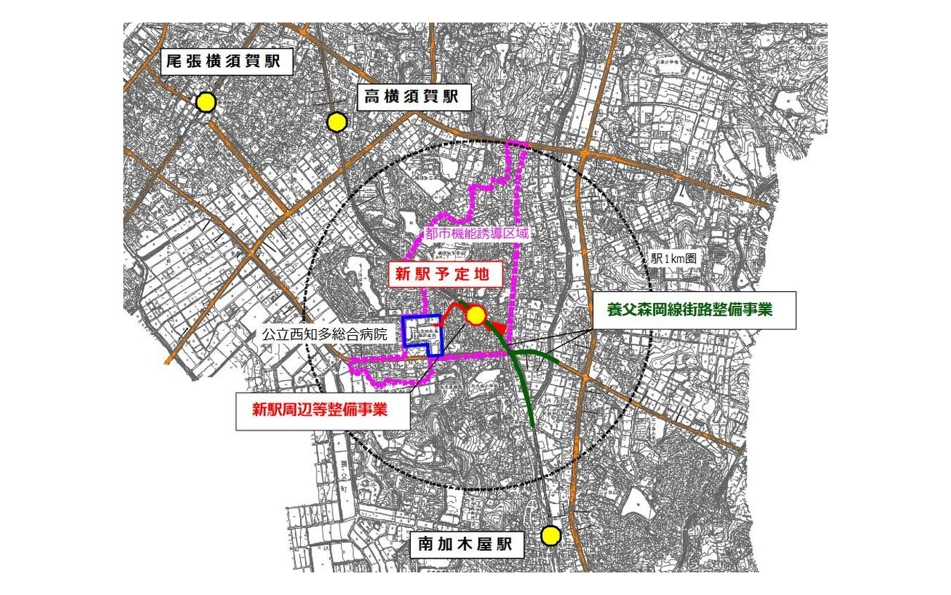 加木屋中ノ池駅の位置。所在地は愛知県東海市加木屋町唐畑46番地2で、高横須賀駅、南加木屋駅双方から1.4kmの地点に位置する。
