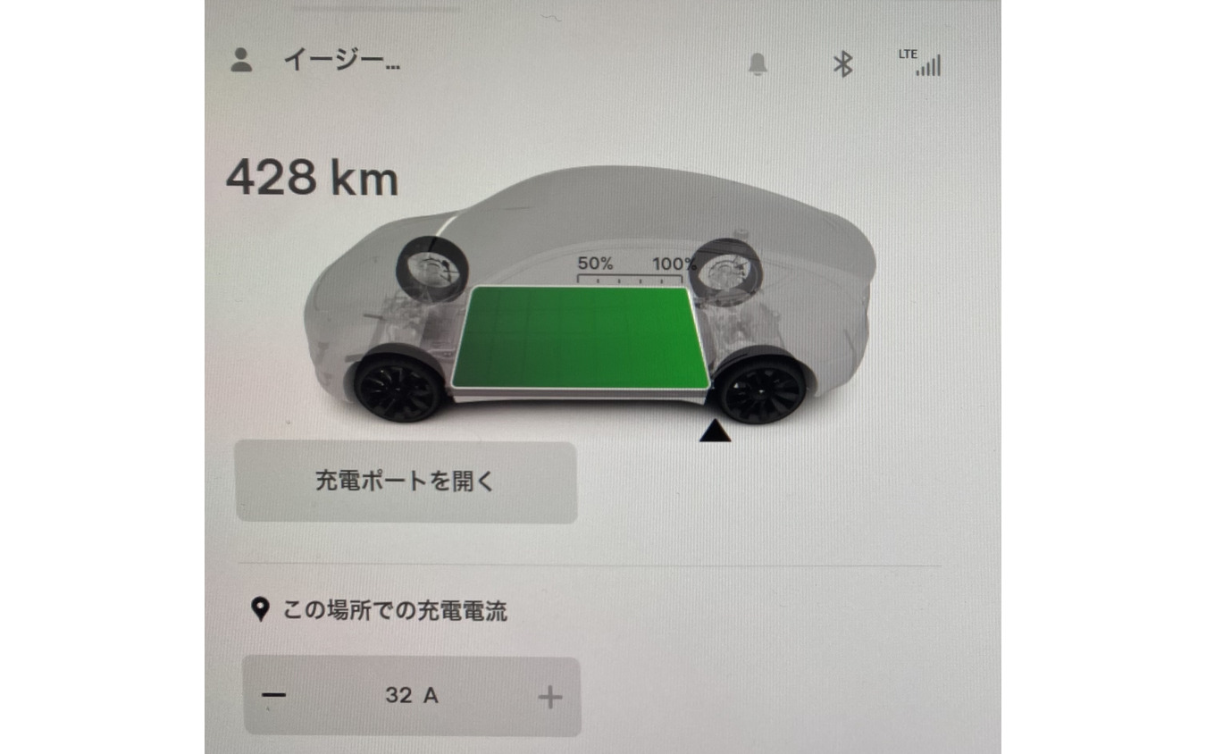 筆者の『モデルY』。いまは100％で航続距離が428kmと表示されている