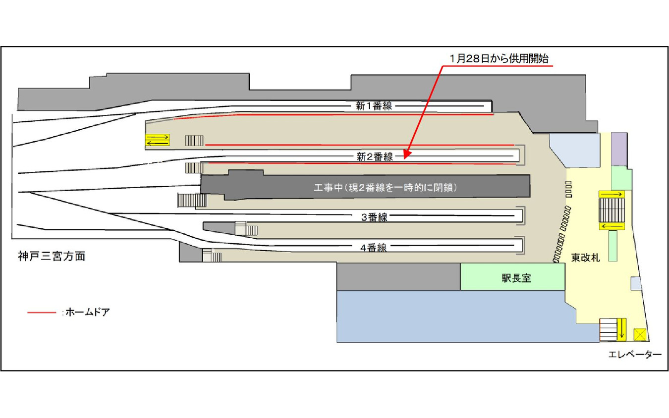 新2番線ホーム供用後の大阪梅田駅構内。