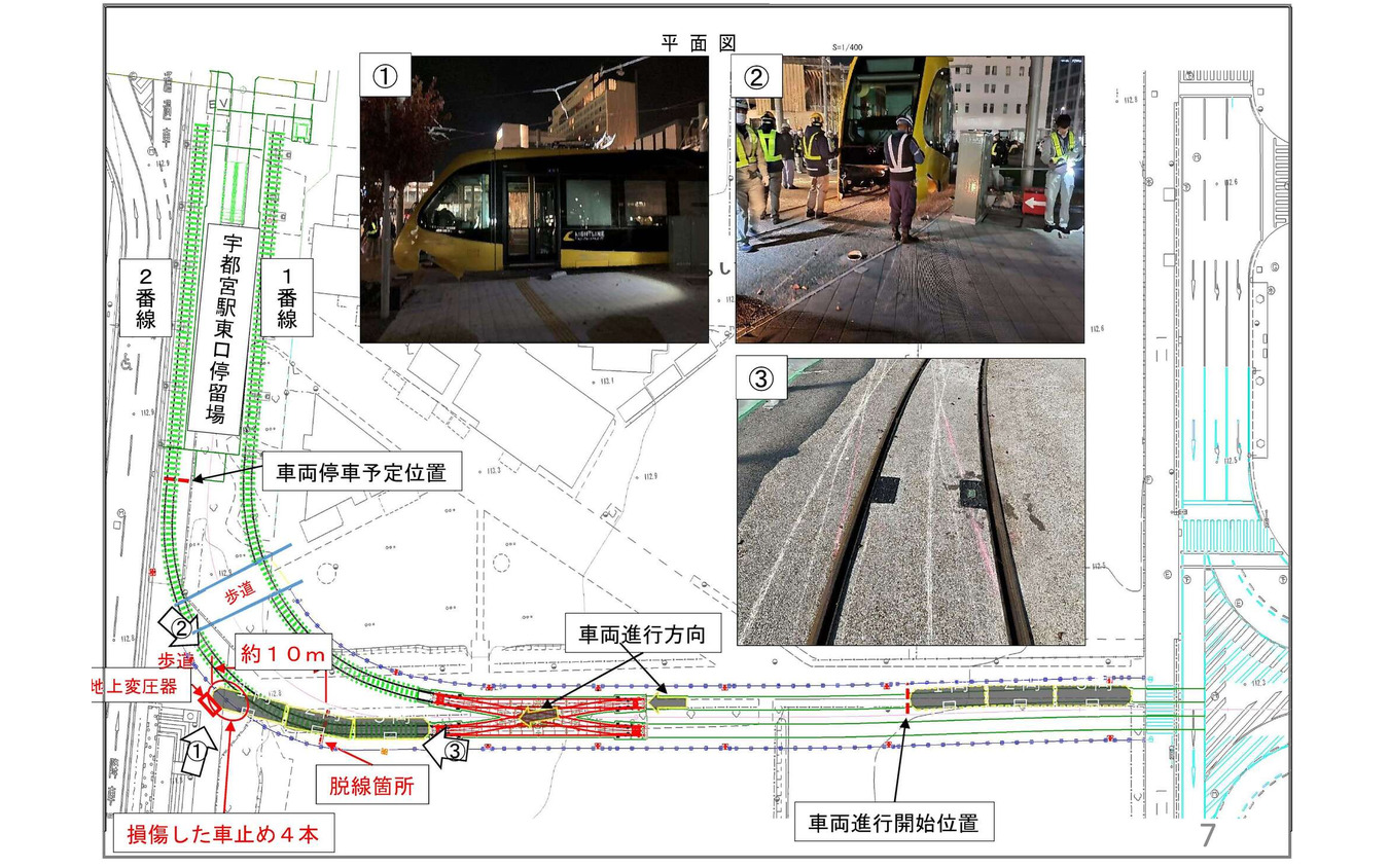 脱線事故の概要。宇都宮駅東口停留場2番線への入線試験後、ポイントの入線試験を行なうため、再度、「ライトキューブ宇都宮」南側交差点付近から2番線停留場へ進入したところ、停留場手前のカーブで脱線した。