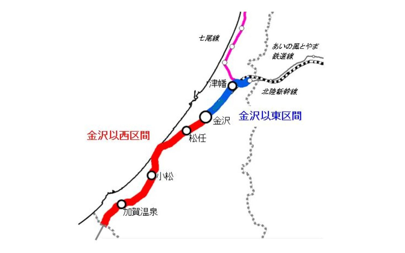 今回、IRいしかわ鉄道が認定を受けた区間（赤線部分）。