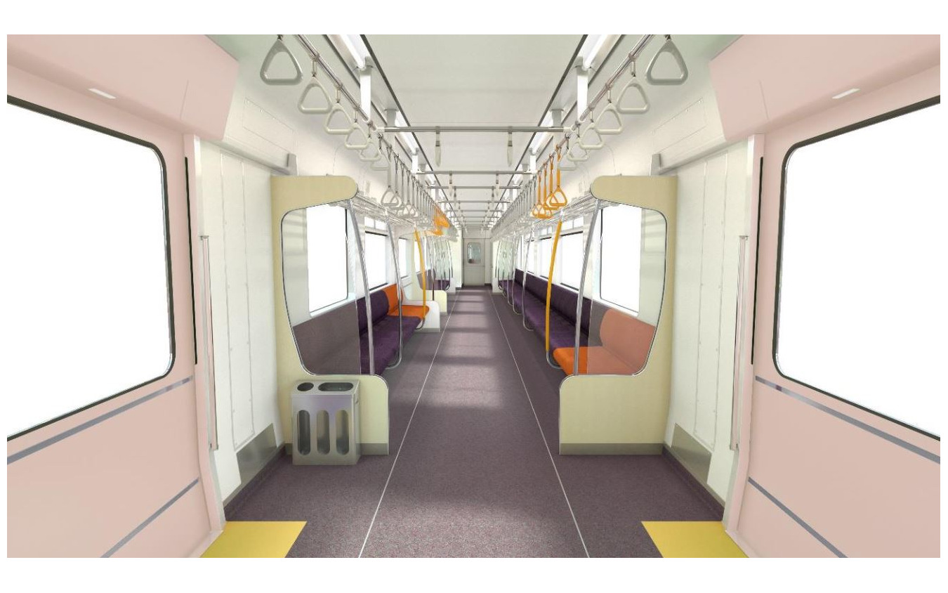 737系のインテリア。2扉車のオールロングシート車となるため、フリースペース(左手)がない側のロングシートは、733系や735系などの既存車よりかなり長くなる。