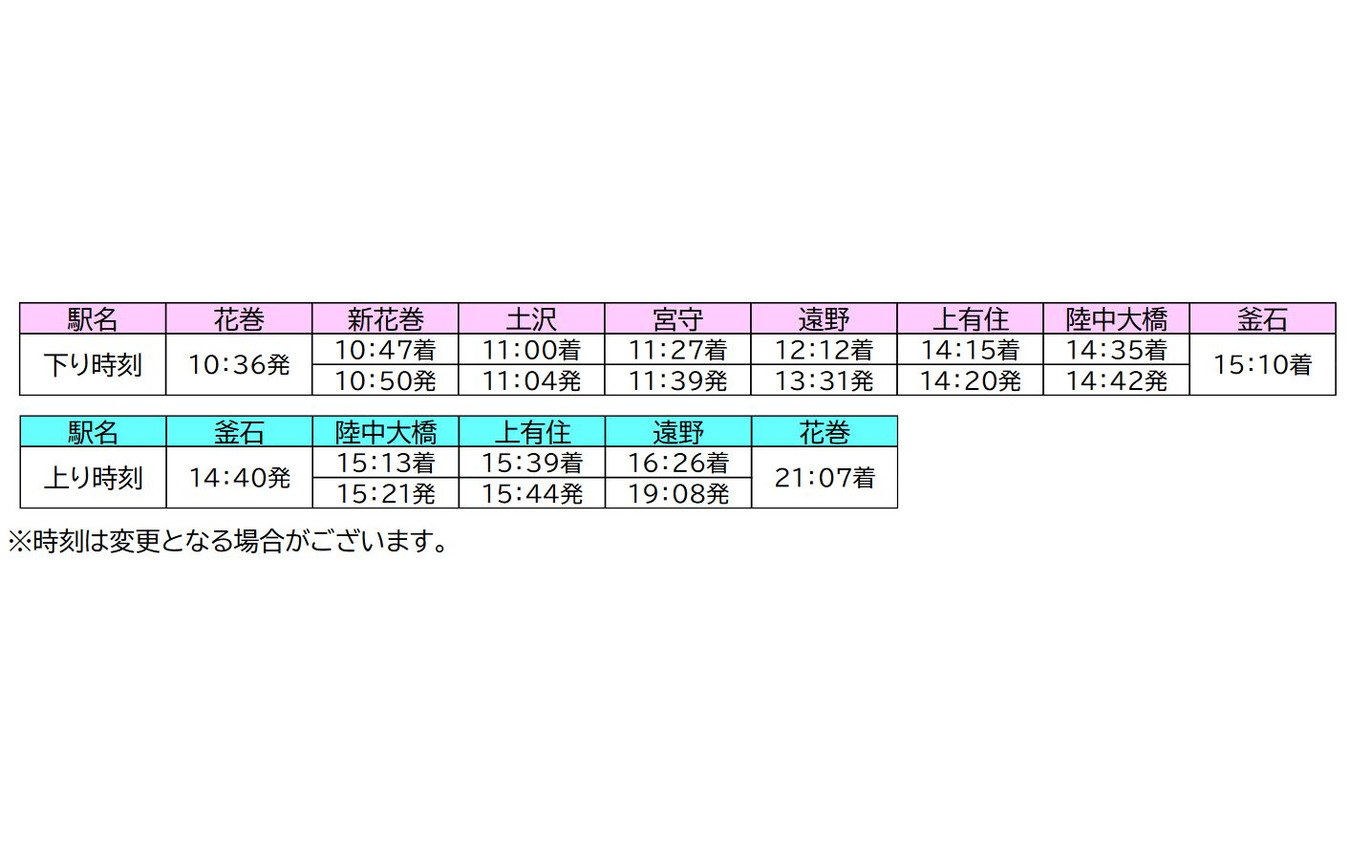6月10・11日の運行時刻。下りは6月10日、上りは6月11日の運行。