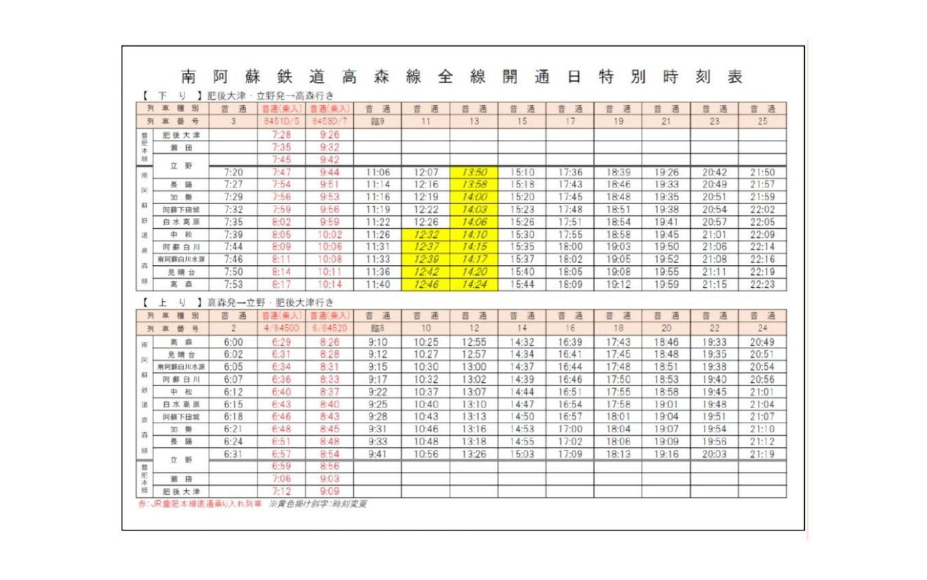 再開初日の時刻。黄色部分が時刻変更列車。赤文字はJR直通列車。トロッコ列車は運休する。