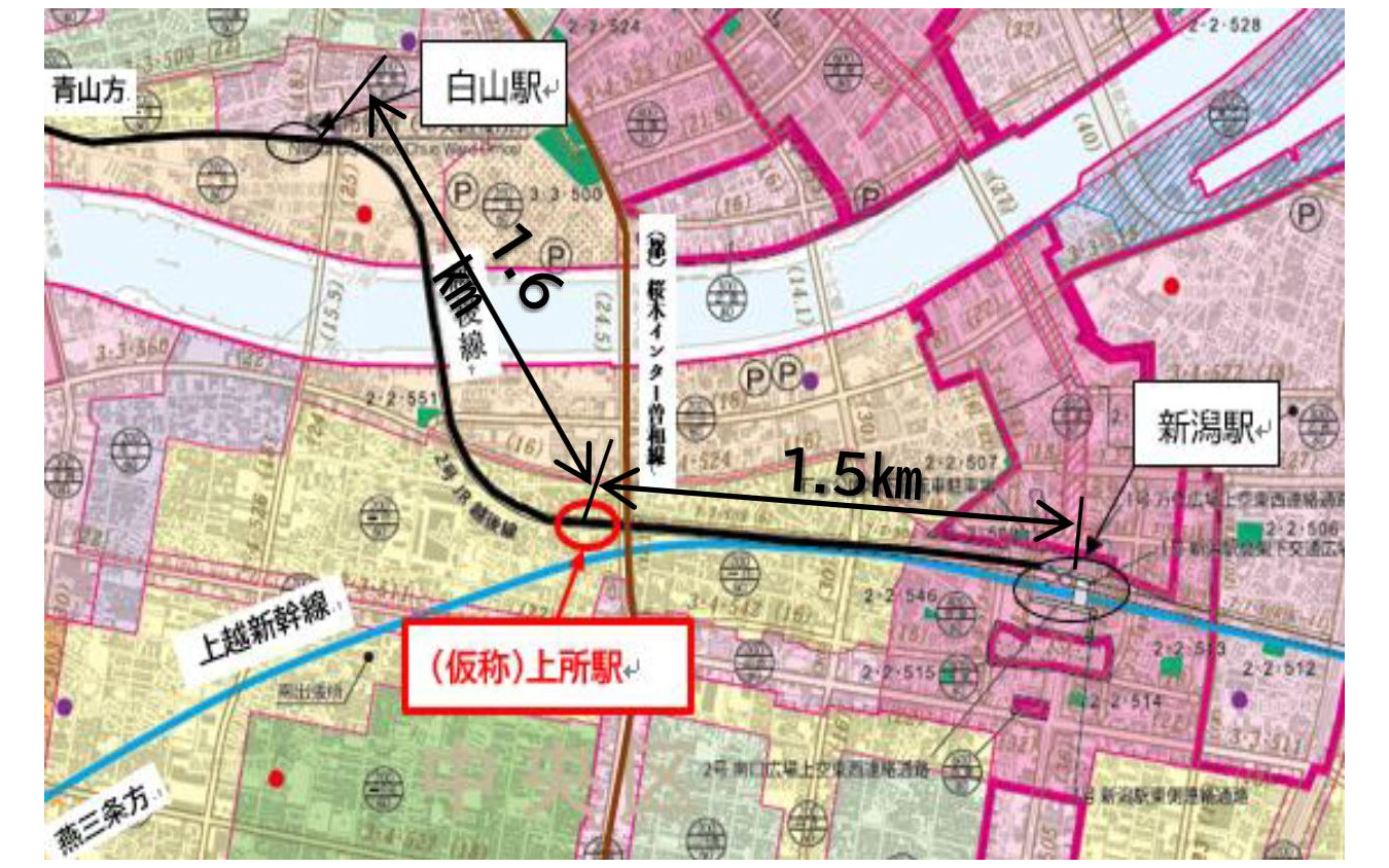 「上所駅」の位置。付近は新潟南高校や北越高校、新潟ユニゾンプラザに近く、高校生の利用が多く見込まれる。