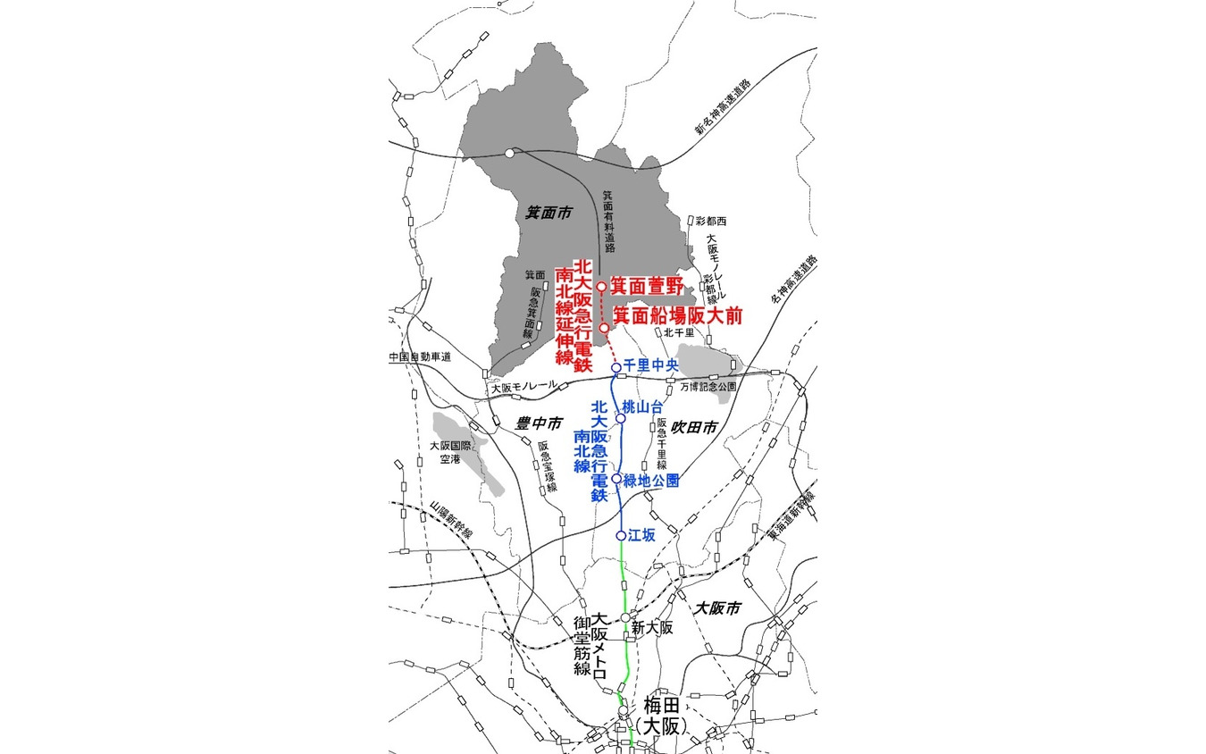 北急延伸区間の位置図。