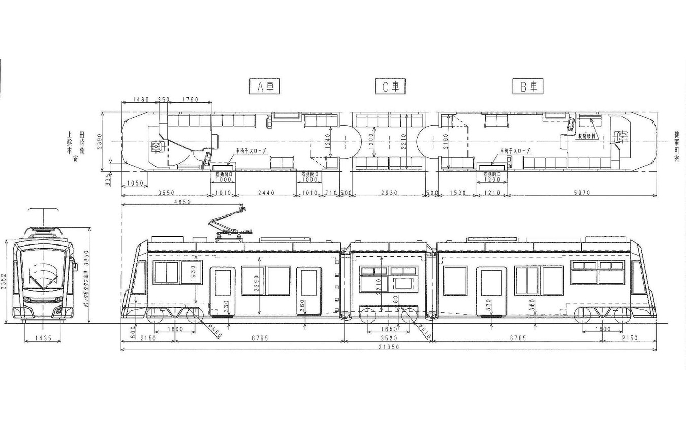 3車体連接超低床電車の形式図。車体はA・B・Cの3車に分かれ、各車に2軸ボギー台車を装備。中間のC車は全長2930mmと極端に短い。