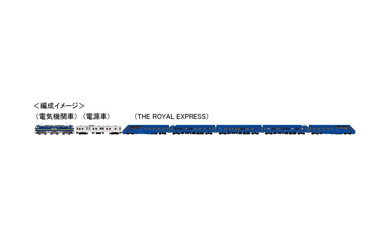 「四国 瀬戸内クルーズトレイン」の編成イメージ。『THE ROYAL EXPRESS』は所定より3両減の5両で、全区間が電気機関車牽引となる。