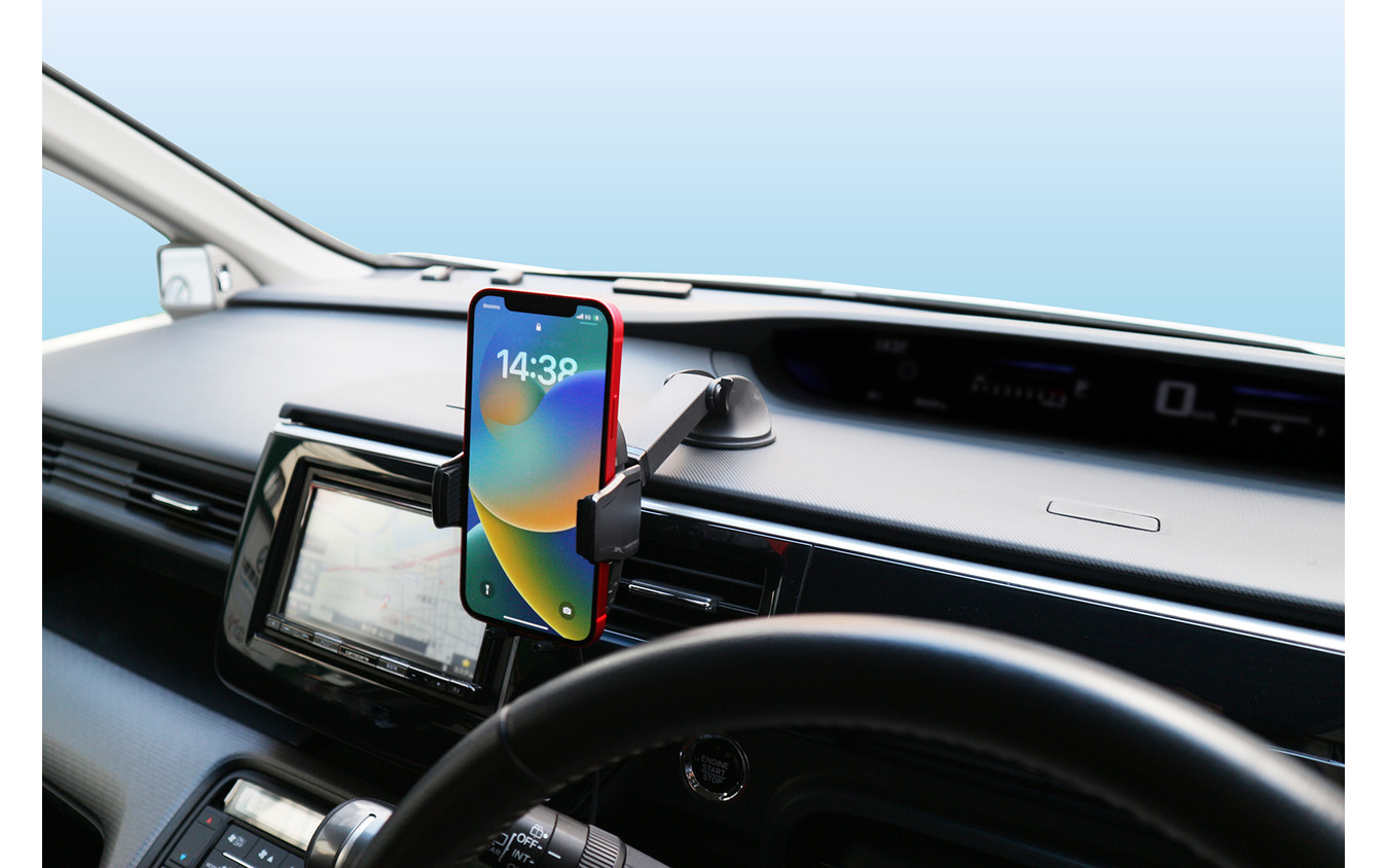 ペルシード・スマホホルダー ワイヤレス充電 自動開閉 ロングアーム吸盤取付(PPH2305)