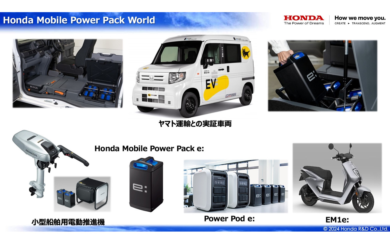 可搬式着脱バッテリー「Hondaモバイルパワーパックe」。商用車や二輪車、ポータブル電源など様々な用途に対応している