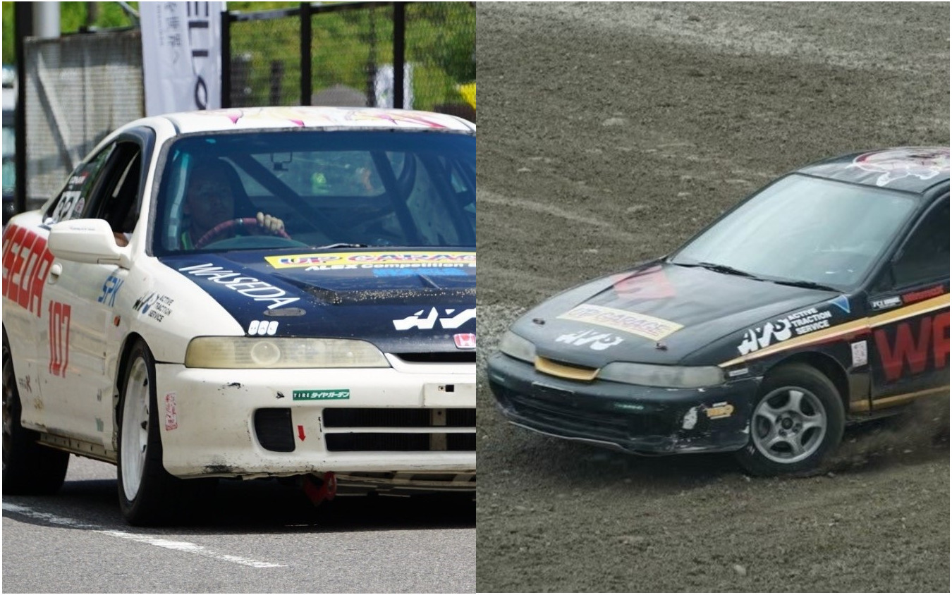 早稲田大学自動車部競技車両のDC2インテグラ(左:ジムカーナ、右ダートトライアル)