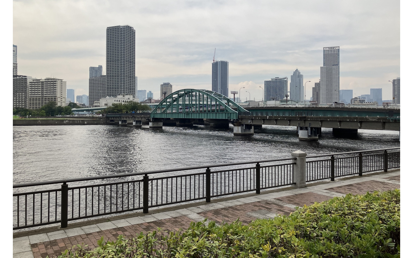 旧晴海鉄道橋(豊洲側から晴海側を望む)と春海橋公園(豊洲側)