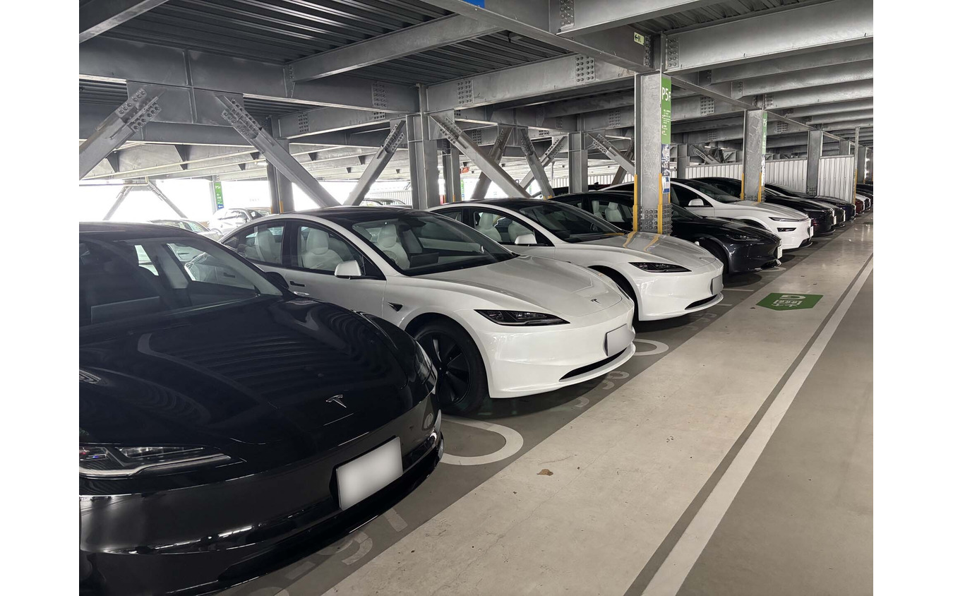 新しいオーナーを待つテスラのモータープール。遠方のナンバーを付けたテスラ車が数多く並んでいた
