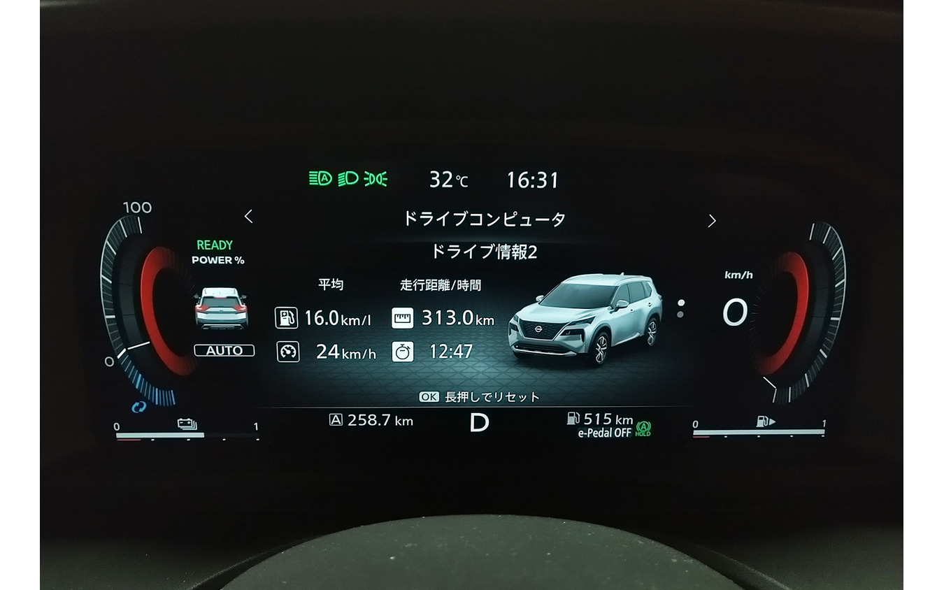 総走行距離310km。平均燃費値16.0km/lは同クラスのハイブリッドモデルの中では劣位だった