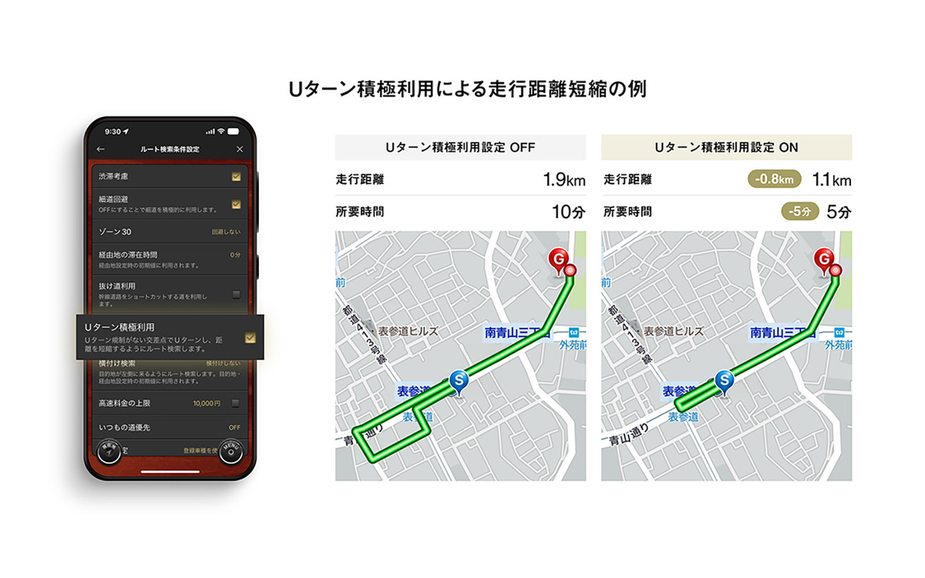 カーナビタイム、転回禁止規制に対応　Uターン規制箇所をアイコン表示・積極利用ルートも提供