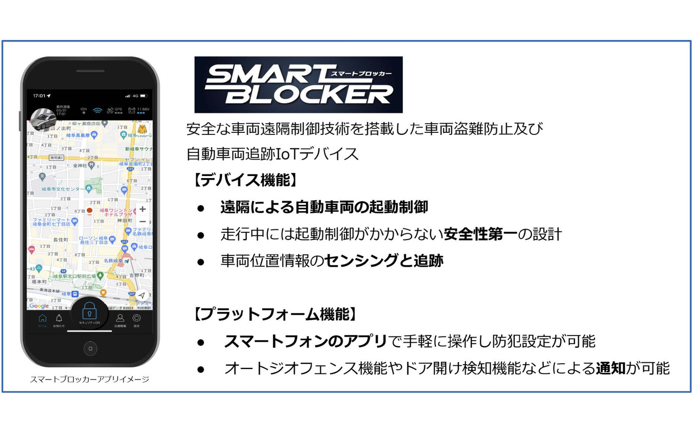 「スマートブロッカー2nd」は、スマートフォン1つで、遠隔から起動制御し、位置情報の確認、異常検知などを行うことができる車両盗難防止商品