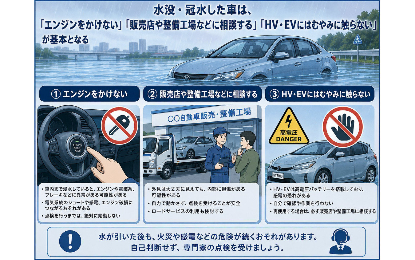 水没・冠水した車は、「エンジンをかけない」「販売店や整備工場などに相談する」「HV・EVにはむやみに触らない」が基本