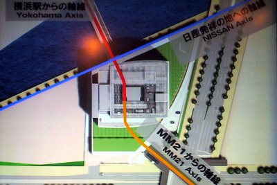【日産 本社屋 起工】ずれた軸線を連結するペデストリアン・デッキ 画像