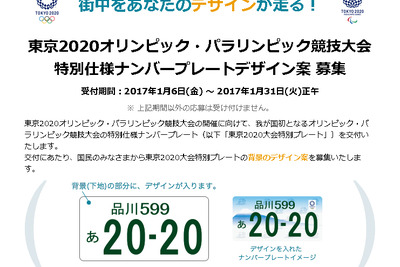 2020東京五輪、特別仕様ナンバープレートのデザイン案を募集 画像