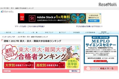 【大学受験2017】東大・京大など難関大合格者ランキング…インターエデュ 画像