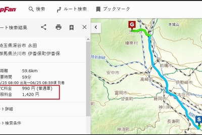 地図検索サイト MapFan、ETC割引料金表示に対応 画像