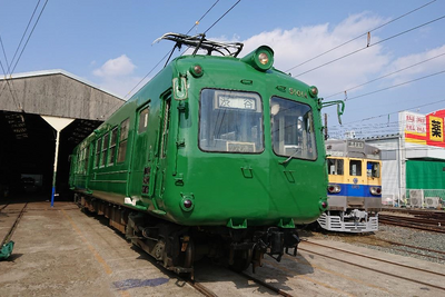 「青ガエル」最後の1両が再塗装を完了…熊本電鉄北熊本駅で展示　3月3日から 画像