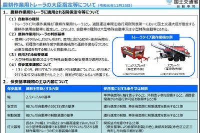 トレーラーをけん引する農耕トラクタ、公道走行が可能に 国交大臣指定 画像