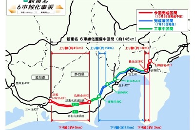 新東名の6車線運用、御殿場JCT-長泉沼津ICおよび島田金谷IC-浜松いなさJCT 10月29日より 画像