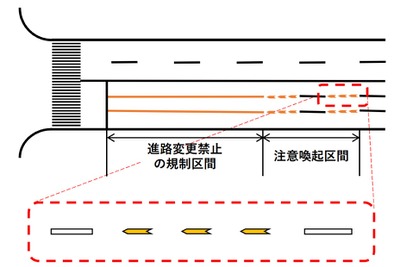 進路変更禁止の事前注意喚起、「矢羽根型」で全国整備 警察庁 画像