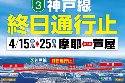 阪神高速 3号神戸線、摩耶-芦屋間を通行止め　4月15-25日 画像