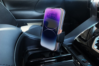 「コードレス自動開閉スマホホルダー」…ドリンクホルダーまたはエアコン取付け　ペルシード 画像
