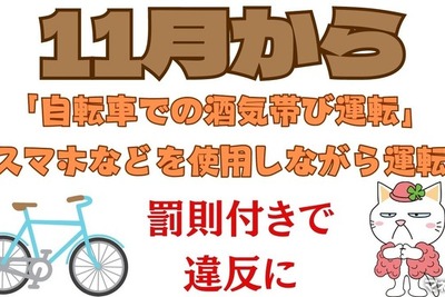 自転車のながら運転、酒気帯び運転に罰則&罰金…1年以下の懲役または30万円以下の罰金も 11月から 画像