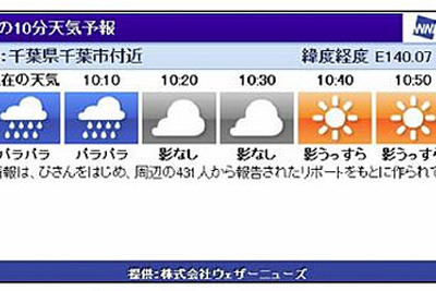 ウェザーニューズ、カロッツェリア アプリユニット にGPS連動の「10分天気予報」を提供開始  画像