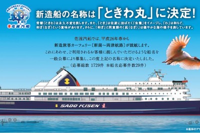 佐渡汽船、14年春就航の新造旅客フェリーを「ときわ丸」と命名 画像