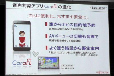 富士通テンの対話型エージェントアプリ CarafL、ナビ連携で目的地予約やAVソース選択も実現 画像