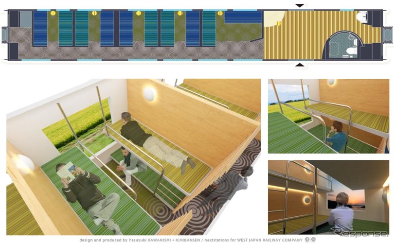 5号車（普通車）のイメージ。フルフラットシートになるが、構造的にはかつての2段式開放B寝台に似ている。フルフラットシートは2号車にもある。