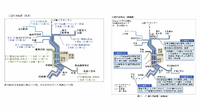 共同経営が実施した熊本市旧3号線方面のバス路線改革　実施前（左）と実施後（右）