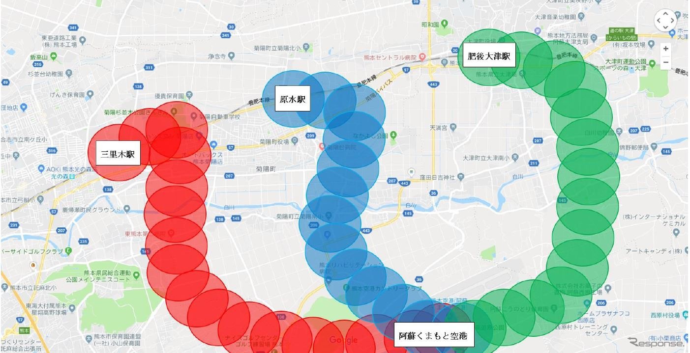 熊本空港アクセス鉄道の構想には3案があったが、熊本県は熊本県民総合運動公園へのアクセスも兼ねることができる三里木ルートを支持している。1月24日に大津町と大津町議会から示された「阿蘇くまもと空港へのアクセス改善についての説明会」についての資料によると、事業費は大津ルートのほうが三里木ルートより50億円ほど低いが、大津ルートではトンネル区間が多くなり、当初の事業費が増加し、事業期間が長くなる懸念があるという。